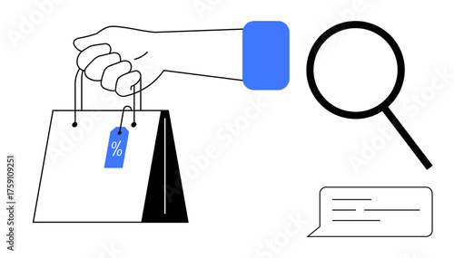 Hand grasping shopping bag with discount tag, magnifying glass, and chat bubble. Ideal for retail, online shopping, customer service, marketing, search trends, product reviews simple flat metaphor