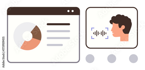 Dashboard displaying a pie chart and text beside a voice recognition interface analyzing speech input. Ideal for technology, data, communication, AI, speech analysis, user interaction, simple flat