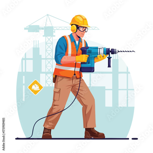A construction worker in safety gear operates a power drill on a construction site, ready to begin work on the building project.
