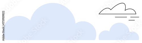 Clouds of varied sizes in a clean minimal design. Large blue cloud contrasts with smaller, outlined clouds. Ideal for weather, nature, cloud computing, connection, simplicity, communication abstract