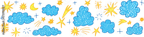Hand-painted blue cloud, yellow star, and moon icons suitable for kid illustrations, hand drawn with brush. Great for weather, educational, or nursery designs. Grunge style