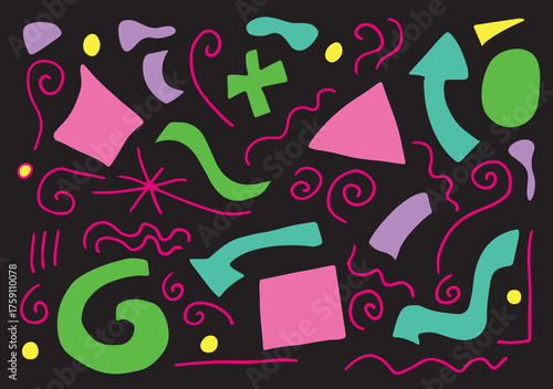 A sticker set featuring abstract, multicolored shapes painted with a brush, black background.Arrows,spirals,squares,triangles,circles and pink wavy lines feature in a trendy retro style from the 90s