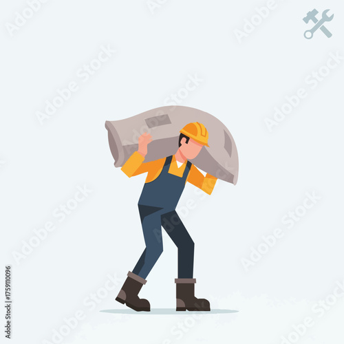 A construction worker carries a heavy sack over his shoulder, symbolizing labor and the demands of the construction industry with a minimalist illustration.