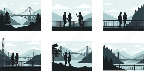 Cartoon Couples Standing on Bridges in Scenic Nature with Mountains, Trees, and Water, Calm Mood, Six-Scene Romance Series