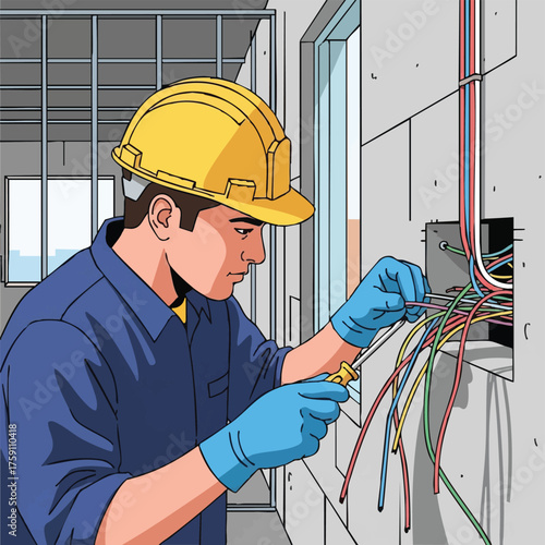 An electrician carefully works on wiring inside a building, ensuring safe and proper electrical connections during construction.