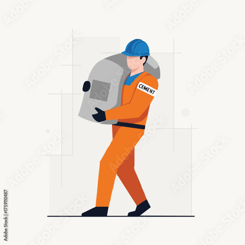 An illustration depicts a construction worker wearing orange overalls and a blue helmet, carrying a heavy bag of cement for building.