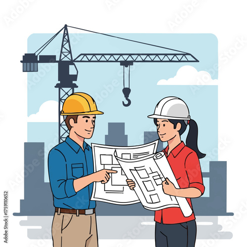 Two construction workers, a man and a woman, reviewing blueprints at a building site, with a crane in the background, illustrating teamwork.