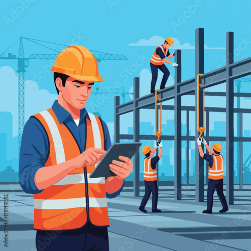 Construction workers meticulously collaborate on a new building project, managing tasks and ensuring safety on the construction site with precision.