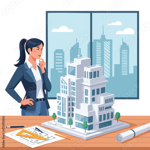 An architect contemplates a building model, envisioning the future of urban design against a cityscape backdrop, contemplating design.