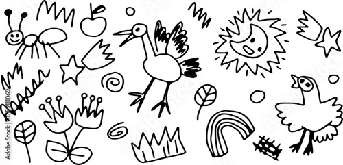 Kid sketch cute baby doodle summer element set. Ant, stork, moon, comet, bird, apple, flower, rainbow toy cartoon elements. Drawn with black curved lines in grunge style. Vector illustration