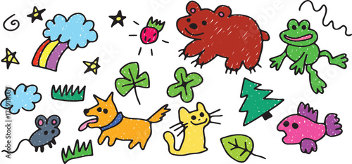 Kid sketch cute baby doodle summer element set. Cloud with rainbow, bear, strawberry, frog, dog, cat, mouse, fish, leaf toy cartoon elements. Colored drawn with grunge curved lines. Brightly drawing. 