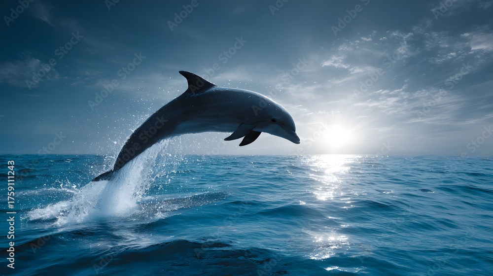Fototapeta premium Dolphin leaps from ocean waves during a dramatic sunset.