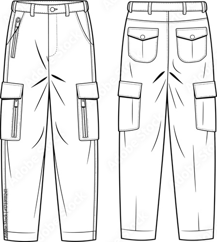 Cargo pants technical flat sketch front and back view, detailed unisex trousers design, utility pocket workwear template, cad drawing flat vector illustration