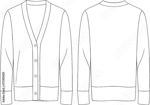 Classic button up cardigan technical flat, front and back view, fashion cad drawing vector illustration for apparel design and garment template