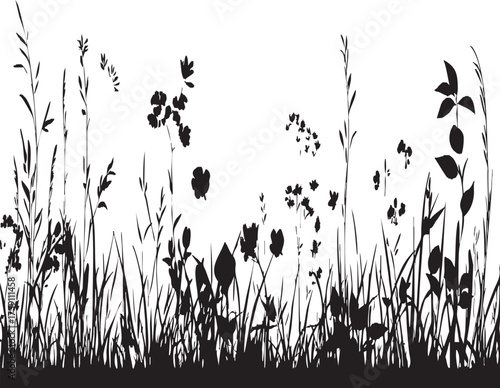 Wild Grass and Flower Silhouette Border