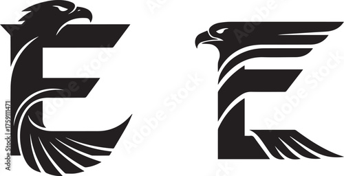 Two Black Eagle and Letter E Graphic Emblem Designs