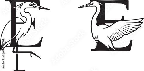 Monochrome Egrets Letter E Initial Monogram Graphic Design Artwork