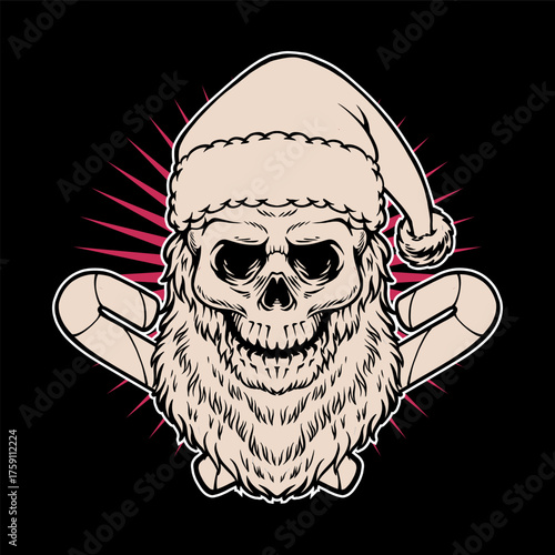 Santa skull candy cane vintage illustration style for streetwear merch. Classic monochrome vintage graphic design. Retro skull illustration designs