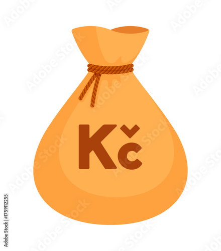 Beige money bag with Czech koruna sign (Kč). Economy, finance, wealth, profit, income, banking, CZK currency concept. Flat vector illustration isolated on a white background	
