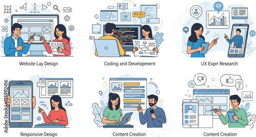 Cartoon People Designing Websites, Coding, Researching UX, and Creating Content on Devices, Calm Mood, Six-Scene Tech Series