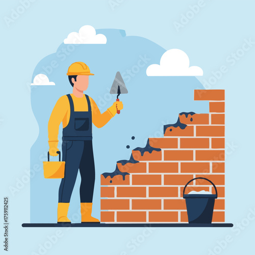 A construction worker meticulously lays bricks, building a wall with mortar, showcasing the process of masonry and construction on a blue background.