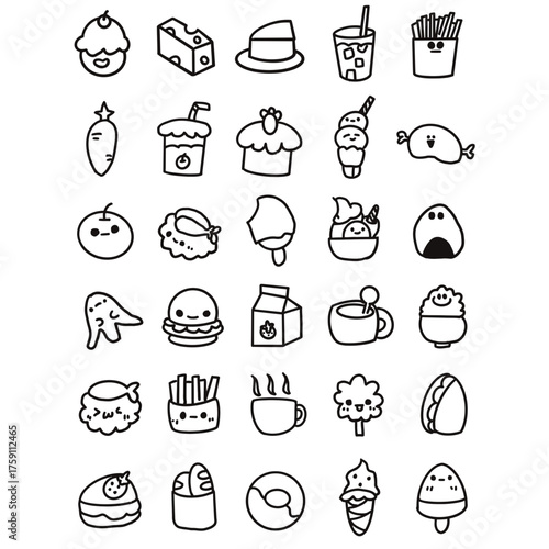 Collection of cute hand-drawn doodle icons representing various food and drink items, perfect for creative projects