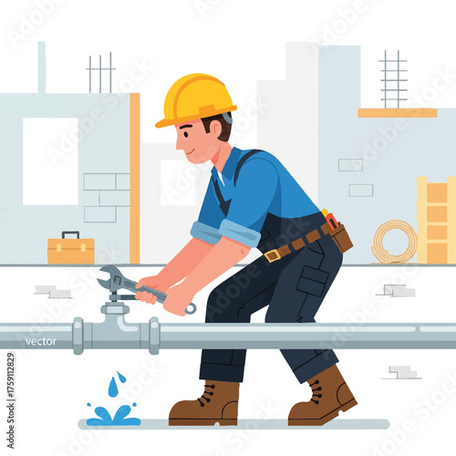 A skilled plumber, wearing a hard hat, repairs a leaky pipe with a wrench, showcasing professional plumbing work in a construction setting.