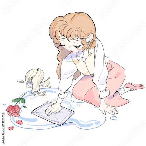 割れた花瓶と薔薇 こぼれた水を掃除する悲しそうな女性