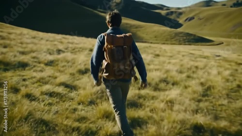 A person with a backpack walks through a grassy field towards rolling hills on a sunny day