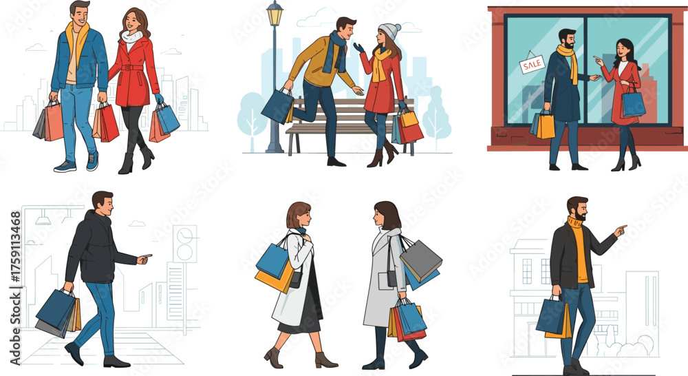 Naklejka premium Cartoon People Shopping and Walking Near Stores with Bags, SALE Signs, and Winter Clothing, Calm Mood, Six-Scene Lifestyle Series