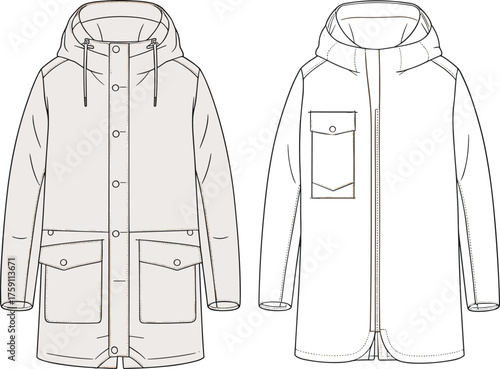 Modern hooded parka jacket technical flat sketch with front and back view, detailed stitching, pocket design, cad drawing flat vector illustration