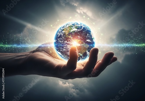 A hand holds a glowing Earth globe with light rays emanating from it against a dramatic, cloudy sky, symbolizing power, protection, and global connection.