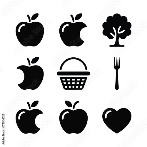 Collection of black icons: apples, tree, basket, fork, and heart