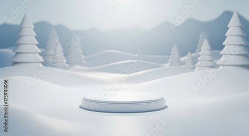 Snowy winter scene a white pedestal sits in a landscape of snow-covered hills and stylized fir trees