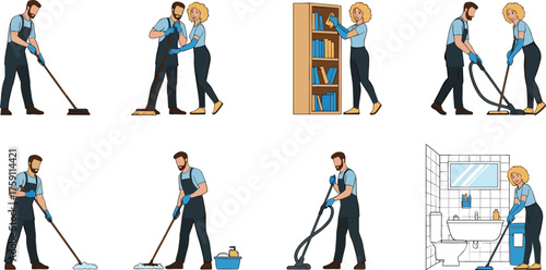 Couple performing household cleaning tasks together, showcasing teamwork, home care, daily chores, cleanliness, and modern domestic lifestyle scenes