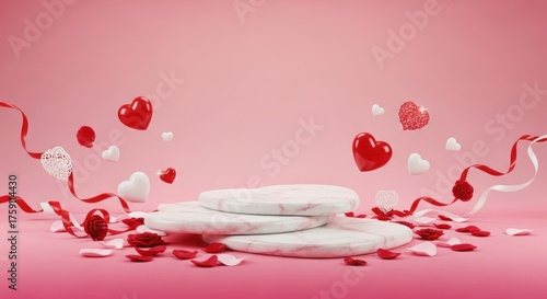 Romantic podium with floating hearts, roses, and ribbons on pink background