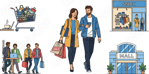 Cartoon People Shopping, Drinking Coffee, and Visiting Mall with Bags, Stores, and Cart, Calm Mood, Six-Scene Lifestyle Series