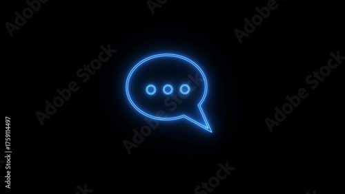 Glowing blue neon speech bubble icon with three dots inside on a dark background representing communication