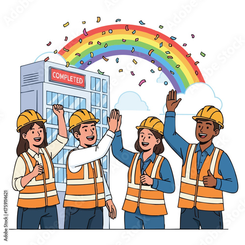 A diverse construction team celebrates the completion of a building project, high-fiving under a vibrant rainbow and confetti.