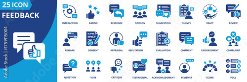 Feedback icon set collection in flat style. Icon pack contains feedback, review, comment, rating, response, opinion, suggestion, react, reputation, appraisal
