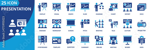 Presentation icon set collection in flat style. Icon pack contains presentation, slide, deck, chart, graph, diagram, visual, report, display, screen