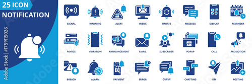 Notification icon set collection in flat style. Icon pack contains notification, alert, reminder, message, update, warning, signal, vibration, popup, announcement
