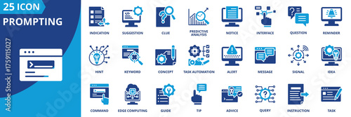 Prompting icon set collection in flat style. Icon pack contains prompting, clue, hint, suggestion, reminder, signal, indication, predictive analysis, question, idea