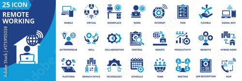 Remote work icon set collection in flat style. Icon pack contains remote, work, virtual, flexible, digital, mobile, branch office, team, collaboration, task