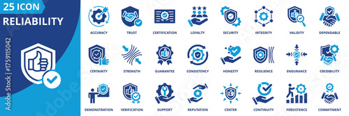 Reliability icon set collection in flat style. Icon pack contains reliability, trust, consistency, dependable, security, loyalty, integrity, accuracy, certainty, endurance