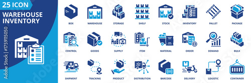 Warehouse inventory icon set collection in flat style. Icon pack contains warehouse, inventory, stock, supply, storage, shelf, pallet, box, package, item
