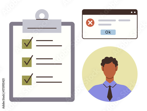 Clipboard checklist with marked tasks, error message window, and male professional avatar. Ideal for productivity, task management, error handling, time efficiency, organizational concepts, planning