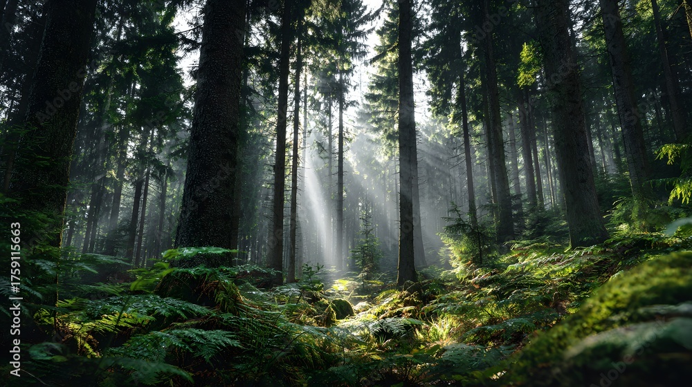 Fototapeta premium Sunbeams illuminate a dense forest with lush green foliage and tall trees.