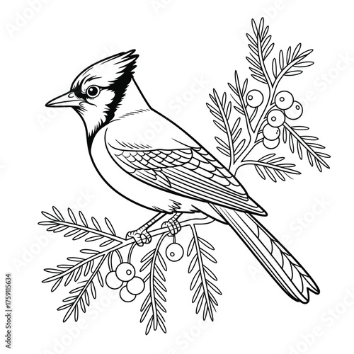 Detailed line drawing of a blue jay perched on a pine branch