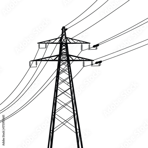 High voltage electricity pylon with power lines against a white background